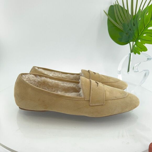Birdies Womens Size 10.5 The Vesper Penny Loafers Slippers Suede Tan Faux Fur - Picture 3 of 13